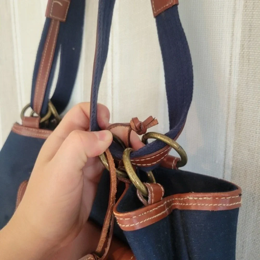 Etienne Aigner Canvas Shoulder Tote Bag Purse Navy Blue Brown‎